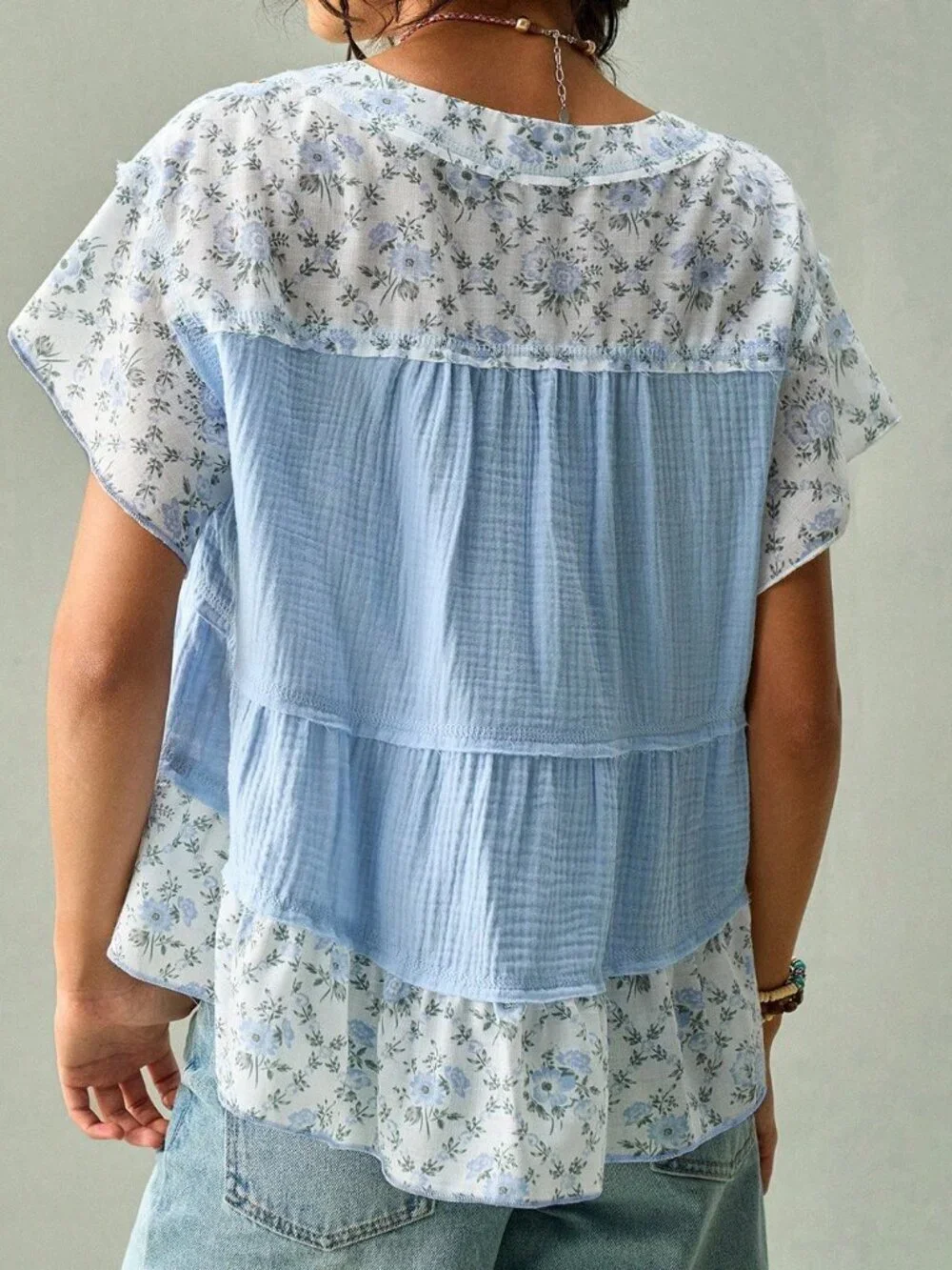 Blue Cute Women's Flower French V-Neck Blouse